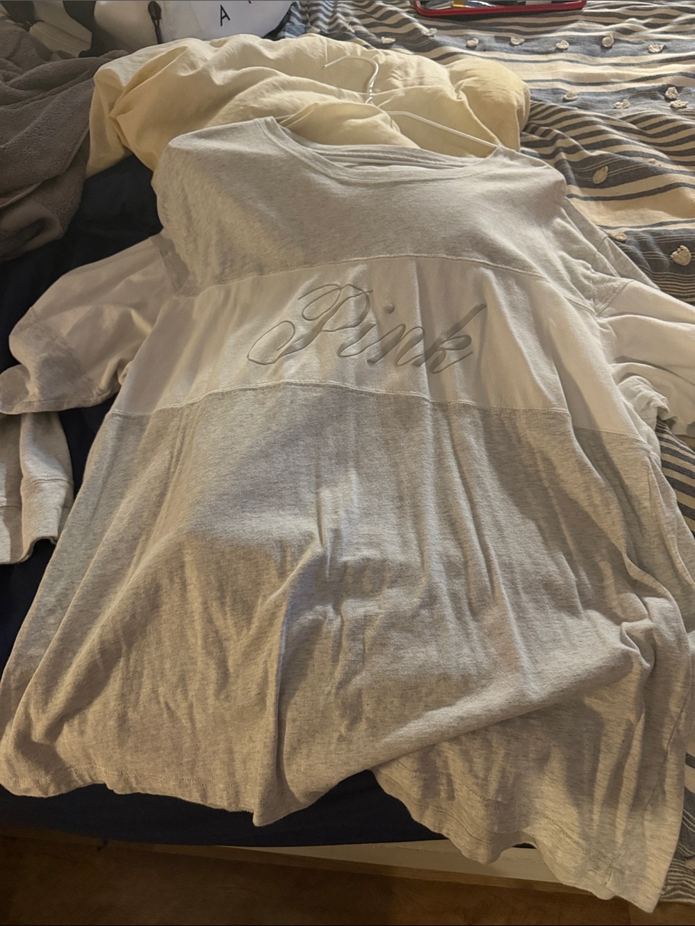 PINK Victoria's Secret Light Gray and White Long Sleeve Tee